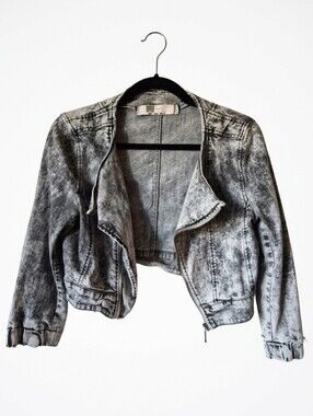 Vintage Mid-2000s ZARA TRF Acid Wash Cropped Moto Jacket - Size L